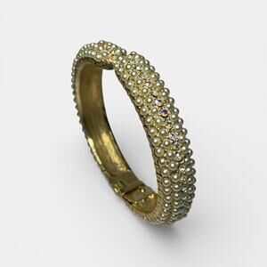 Vintage Pearl Rhinestone Hinged Bangle Bracelet Gold Tone Statement Cuff